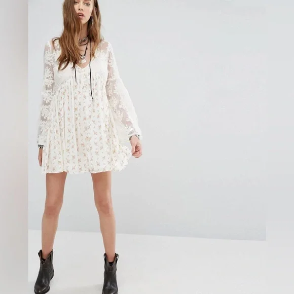 Denim Supply Ralph Lauren Bohemian Printed Tea Dress Lace Flare Sleeves Prairie - Picture 4 of 14